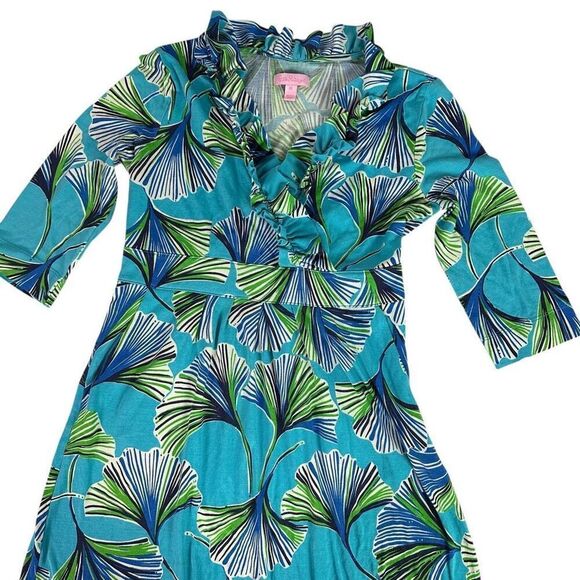 Lilly Pulitzer size XS Blayney Ruffle Dress Ginko Leaf Pattern Silk Blend - Picture 4 of 10